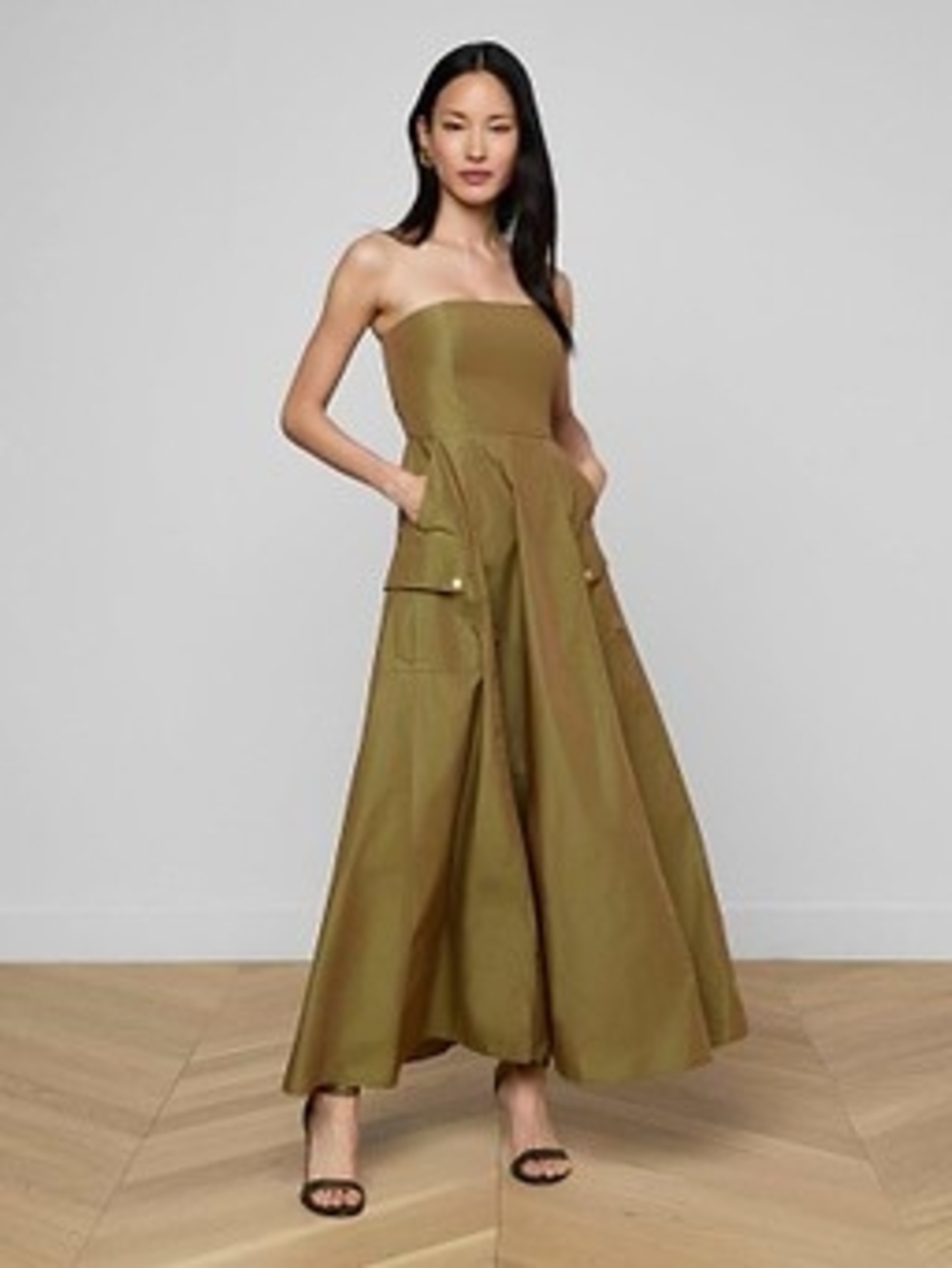 NWT L'Agence Nessa Strapless Iridescent Olive Maxi Dress Size 00